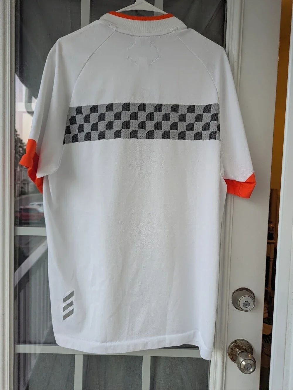 Adidas Adicross Golf Polo Buttonless Shirt L White Orange Gray Checkered Mock